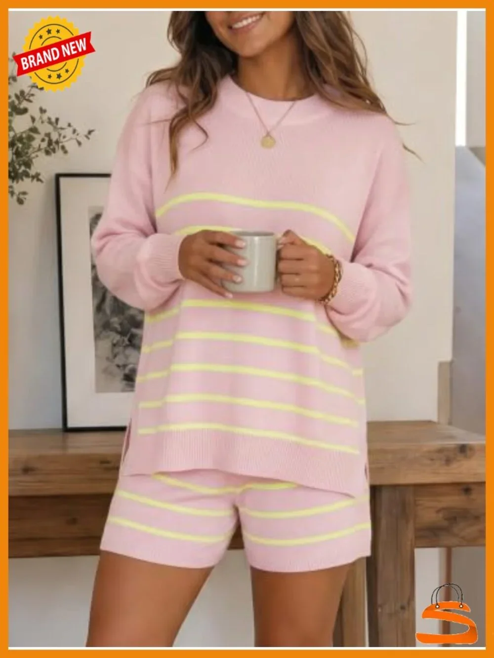 Striped 2 Piece Lounge Set Oversized Knit Sweater High Waisted Shorts Pajama Set